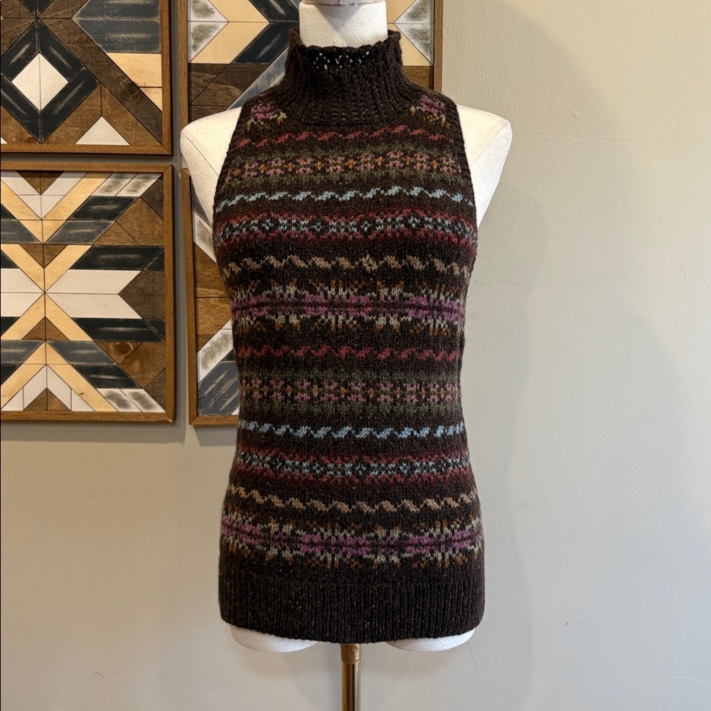 Vintage Ralph Lauren Blue Label Brown Fair Isle Hand Knit Sleeveless Sweater M - Picture 2 of 13